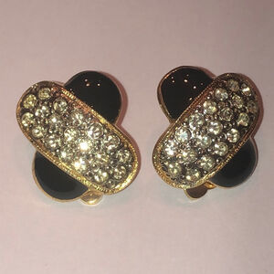 Angel Brand Signed Gold Tone and Black Enamel Crystal Clip On Earrings